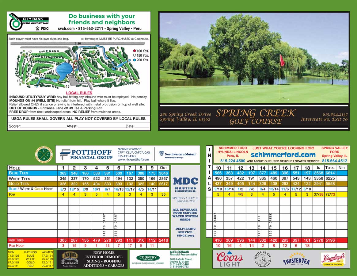 2025 Spring Creek Golf Course Full Score Card